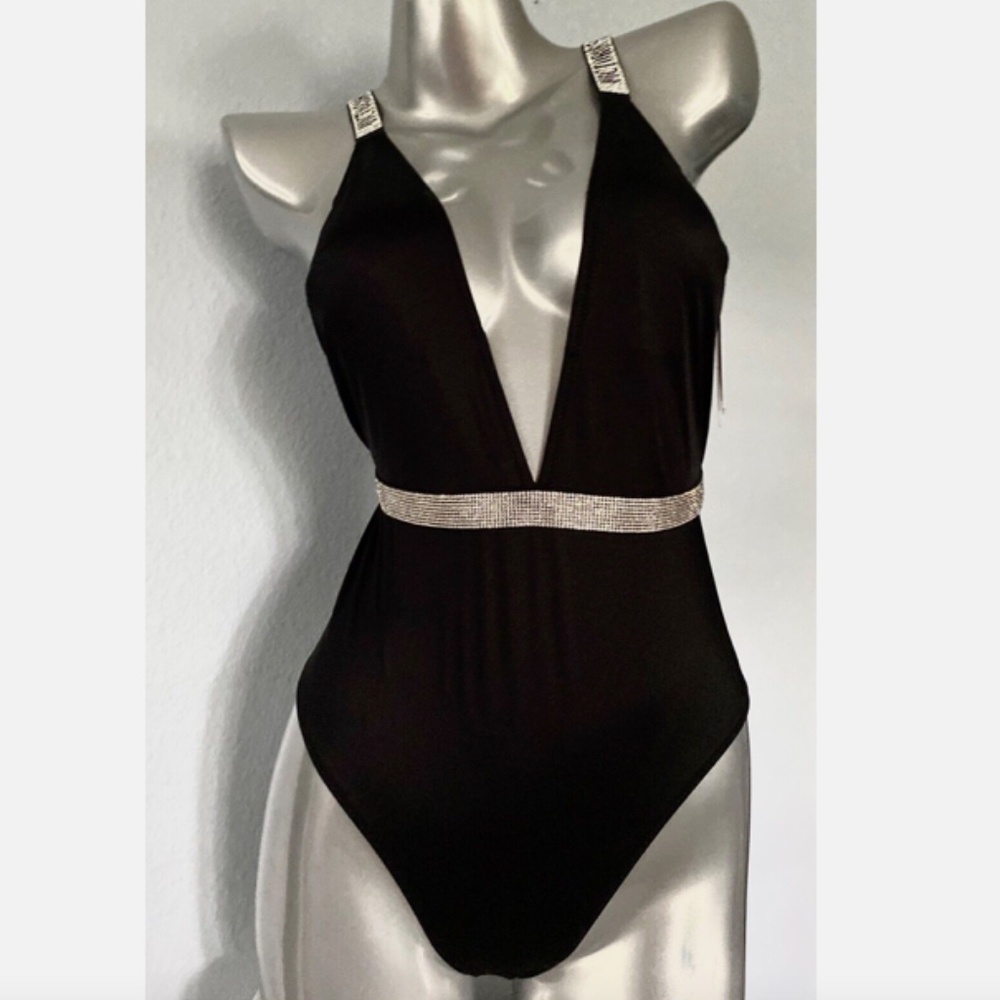 Victorias Secret One Piece Swimsuit Swim Nwt Black Logo Shine Bling Plunge